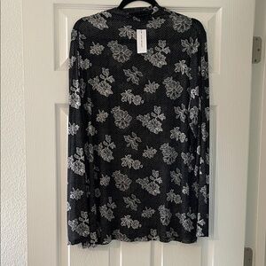 Black and White Floral Sheer Long Sleeve Top